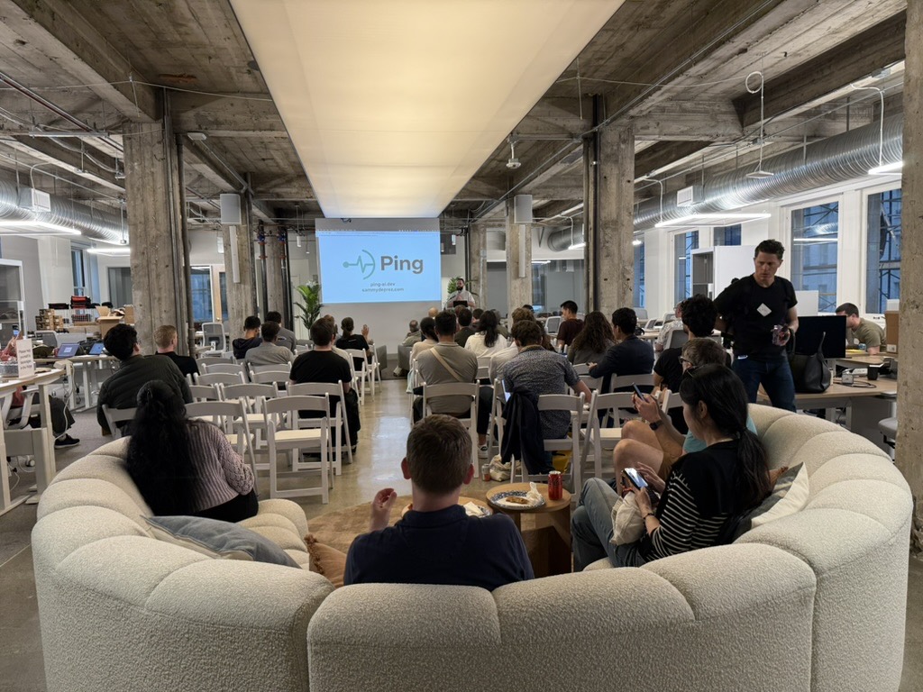 The back of a meetup room: some people on rows of folding chairs facing the speaker, others sitting further back on couches