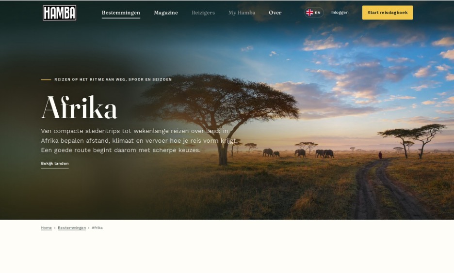 Hamba today: the Africa destination page, with a savannah landscape, elephants, and navigation for destinations, the magazine, and travelers